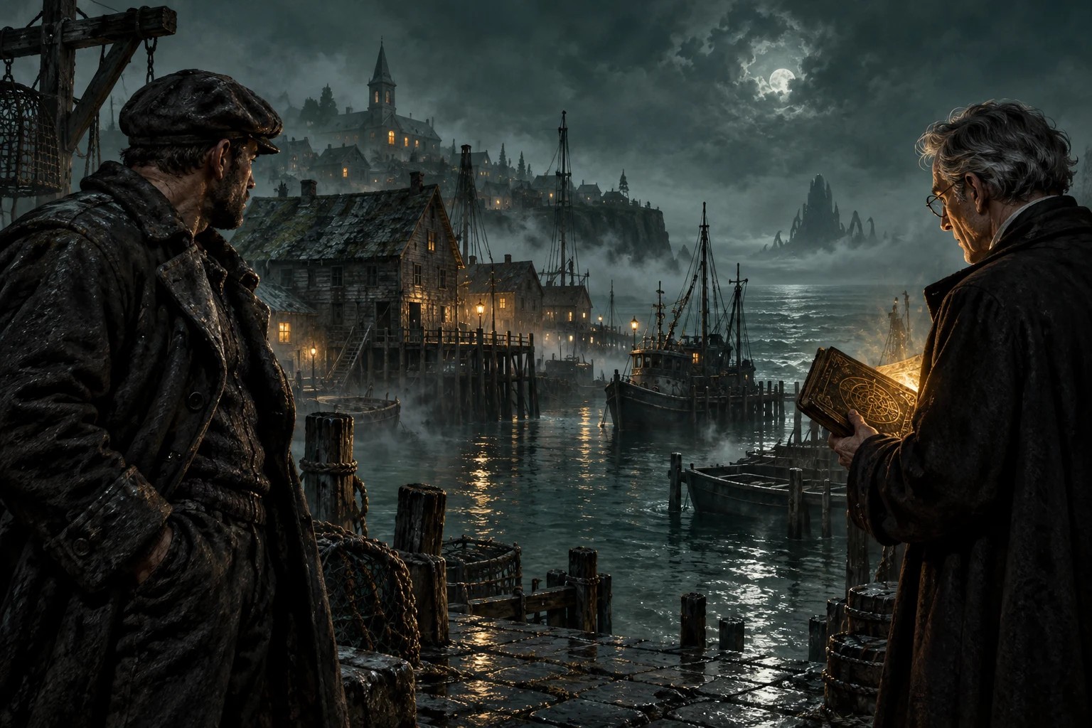 Fogbound Innsmouth harbour
